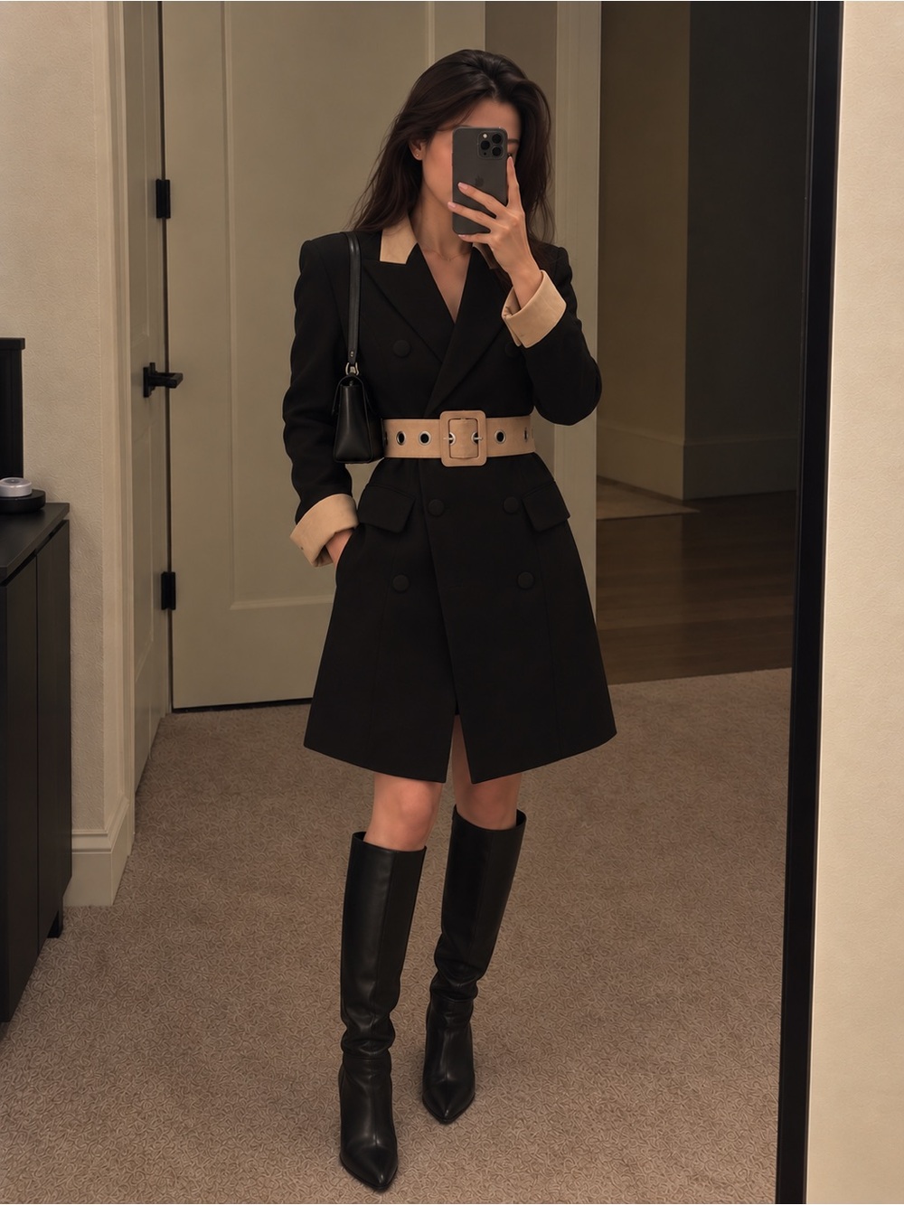 Black Double-Breasted blazer dress with tan Belt